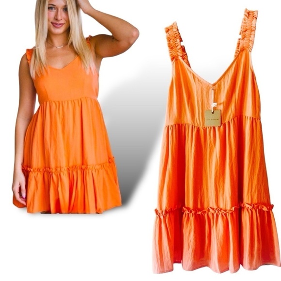 Blue Pepper Solid Ruffle Mini Dress Garden Girl Cantalope Size Large NWT - Picture 9 of 14